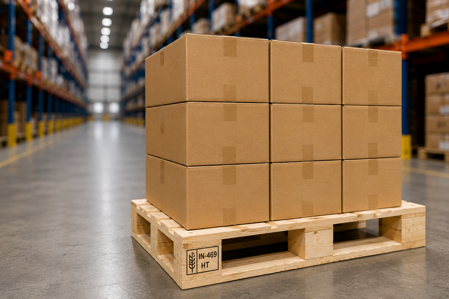 organized warehouse storage using industrial wooden pallets